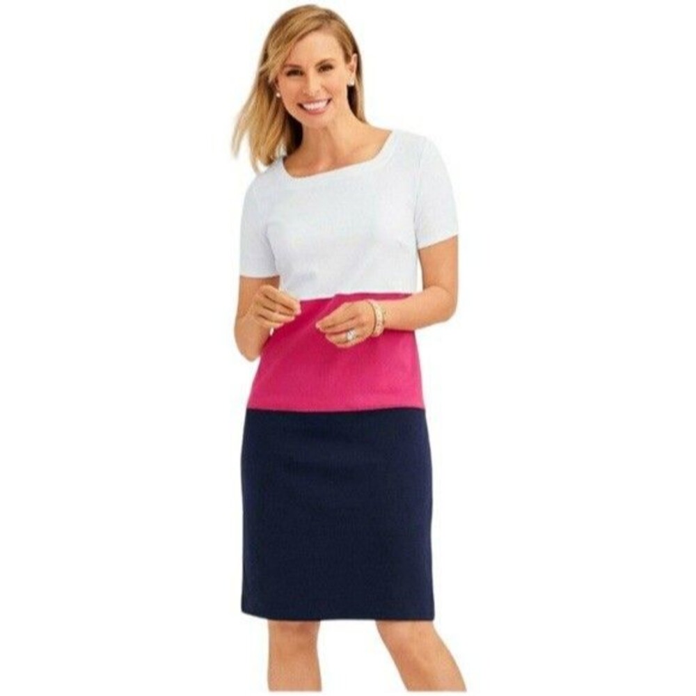 Talbots Colorblock T-Shirt Dress Womens Sz XS Pink Blue White 100% Cotton